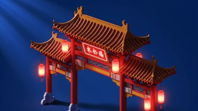 3D Isometric Traditional Chinese Temple Gate with Glowing Lanterns and Volumetric Lighting for Lunar New Year Celebration