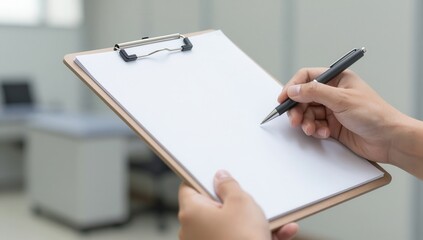 Person holding a clipboard with a blank sheet of paper and writing with a pen in a professional office setting with a desk and computer.