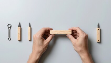 Person holding a wooden object with various tools arranged around on a gray surface, showcasing craftsmanship and attention to detail in a minimalist setting with wooden handled tools and a metal obje