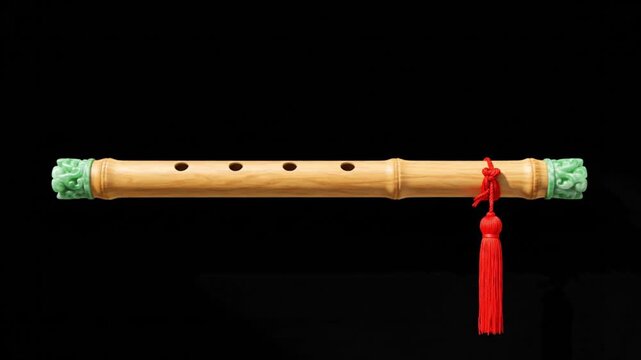 Traditional Chinese Bamboo Flute with Jade Carvings and Red Tassel on Black Background