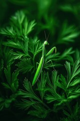 A vibrant green mantis perched on lush foliage creates a captivating nature scene, This image is perfect for nature-related content, educational materials, or insect-focused articles,