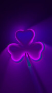 Purple neon glowing shamrock with soft gradient lighting on black background, seamless loop animation for St. Patrick&rsquo;s Day