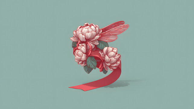 Hungary Revolution Day A charming illustration featuring a ribbon with Hungarian colors, red, white, and green, forming the base of a wreath made of delicate pink flowers, symbolizing national beauty 