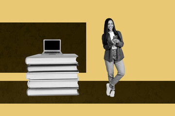 Obraz premium Composite poster image art collage of happy girl student stand pc monitor book education elearn study freelancer worker magazine