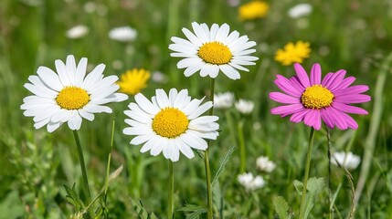 Fototapeta premium A vibrant close-up of various daisies, showcasing their distinct colors and shapes against a lush green background, This image can be utilized for nature-themed projects, floral arrangements