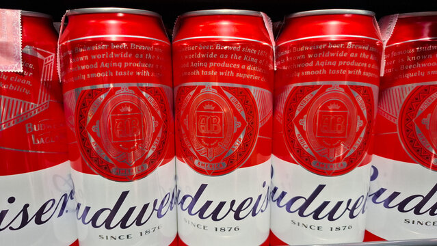 Rows of Budweiser Lager Beer Cans on Retail Shelf for Cold Refreshing Beverage and Social Celebration Editorial Concept on January 16, 2026 in Bangkok, Thailand
