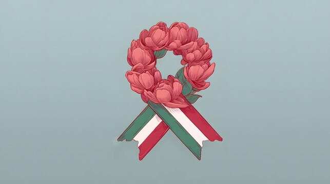 Hungary Revolution Day A charming illustration featuring a ribbon with Hungarian colors, red, white, and green, forming the base of a wreath made of delicate pink flowers, symbolizing national beauty 