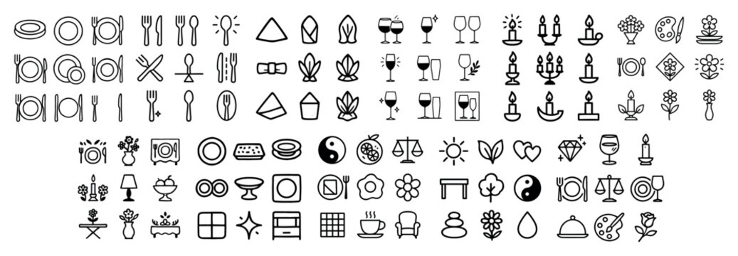Home decor and dining icon set in line art