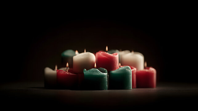 Hungary Revolution Day A collection of small, cylindrical candles arranged in a cluster, with flames lit, in the Hungarian national colors of red, white, and green, creating a warm and solemn atmosphe