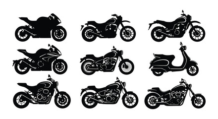 Collection of black silhouette motorcycles and a scooter various styles © MdNirob