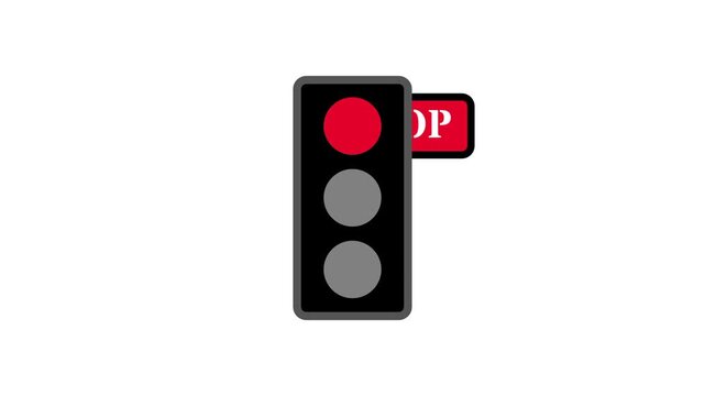 A vertical traffic light shows a red light at the top with a small red stop sign attached to the side for emphasis