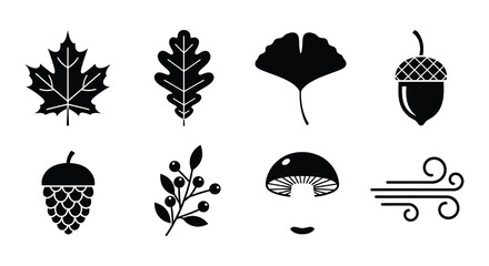 Black silhouettes of various autumn leaves nuts and fungi © MdNirob