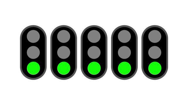 A sequence of five traffic signals shows different light combinations to demonstrate various phases of flow