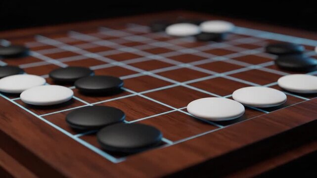 3D Rendered Go Board Game with Glowing Blue Grid Lines and Black and White Stones