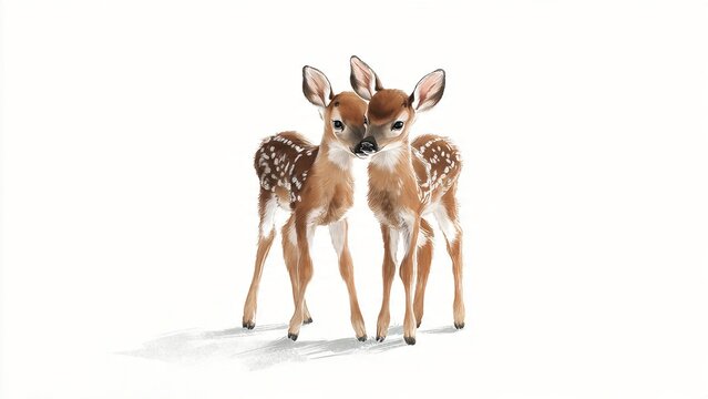 Two adorable baby deer standing together in a clean white space