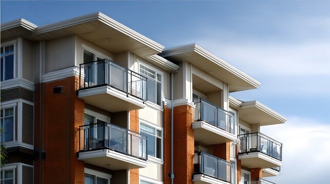 Modern apartment building with stylish balconies under a clear blue sky, suitable for real estate listings, architectural reviews, or urban development projects,