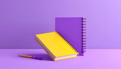 Yellow notebook and purple journal stand on matching surface with pen beside