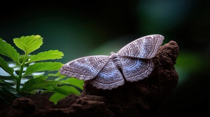 Fototapeta premium A close-up view of a beautifully patterned butterfly resting on a textured surface, surrounded by lush green leaves, ideal for nature-themed projects, educational materials