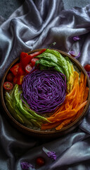 Vibrant rainbow salad in wooden bowl