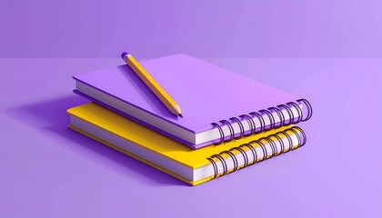 Two notebooks, purple & yellow, stacked with a yellow pencil on top