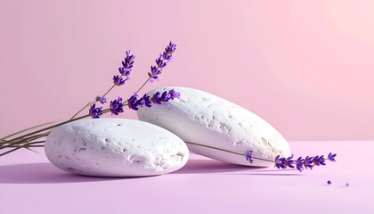Lavender sprigs drape across two smooth white stones against a pink backdrop