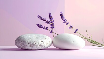 Calming arrangement Lavender sprigs, smooth stones, and pastel background