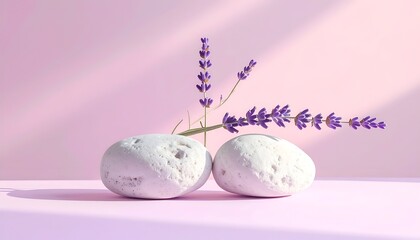 Lavender stems rest on two white stones, against a soft purple background
