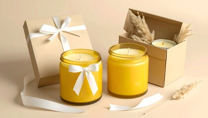 Two jar candles and gift boxes, arranged on beige backdrop, minimal design