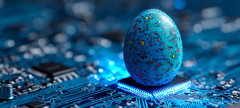 Digital Easter Egg with Circuit Board Pattern Sitting on a Glowing Blue Computer Motherboard CPU for Technology and Holiday Concept