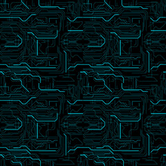 Futuristic Circuit Board Pattern with Neon Blue Lines on Black Background for Technology and Innovation Concepts
