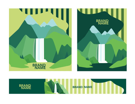 &nbsp;Flat vector illustration of a scenic mountain landscape with a waterfall, forest, and geometric abstract patterns
