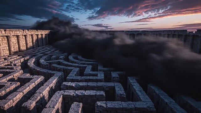 A high-angle view of a stone labyrinth with a massive shadow moving through it.