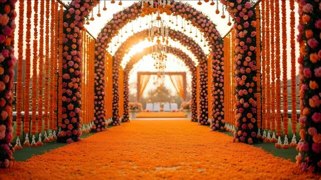 Beautifully decorated wedding pathway lined with vibrant orange marigold flower arches