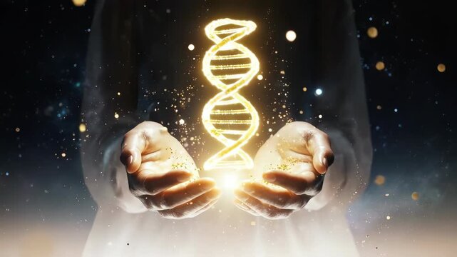 Hands Holding Glowing DNA Helix Structure.