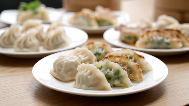 A vibrant spread of various steamed and pan-fried dumplings arranged on white plates, ready to be enjoyed as a delicious Asian meal.