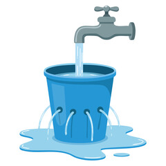 Water waste from running tap illustrating wastage of water theme for save water awareness with spread water on floor from hole bucket environmental concept illustration © Nass Studio