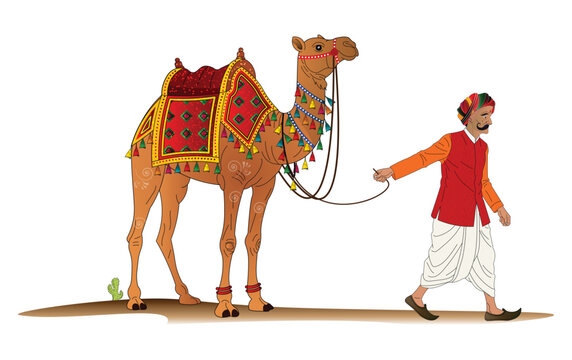 Rajasthani man walking with decorated camel in Thar desert vector illustration, traditional culture of Rajasthan India, Pushkar camel fair concept
