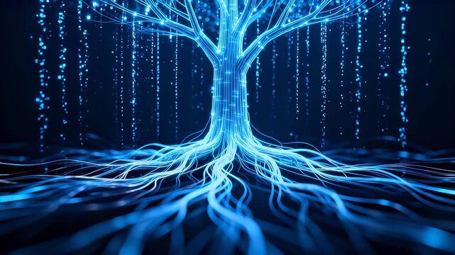 Digital blue tree with glowing light particles and fiber optic roots