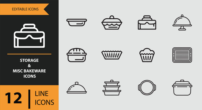 Storage and Misc Bakeware Icons outline icon set.Bakeware storage solution outline icons
