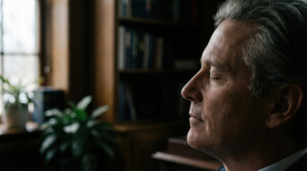 intelligence leader meeting emotional business concept. Mature man meditates indoors near window, embodying inner stability and calm.
