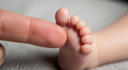 close up adult finger touching baby's foot, tender love, new life