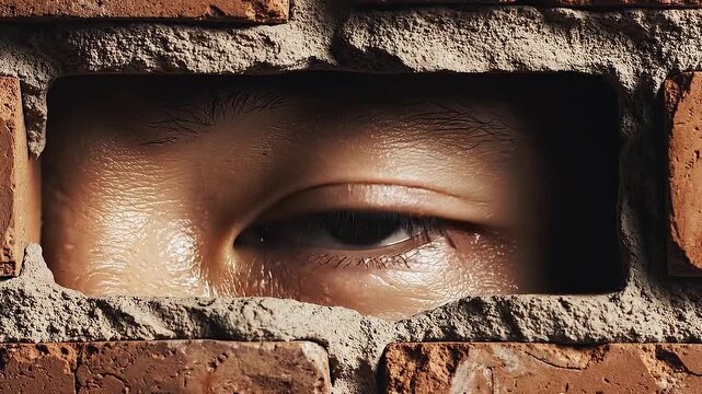 A brick wall with a single brick opening like an eyelid to reveal an eye.