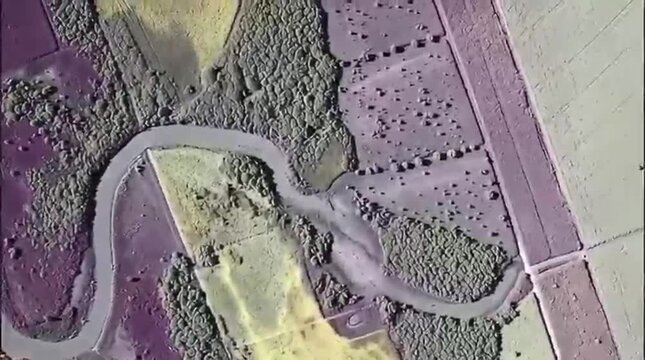 Lidar aerial view of a winding river through a rural landscape, showcasing agricultural fields and dense forests in a vibrant, high-contrast digital map