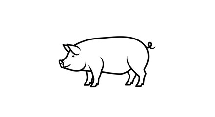 Fototapeta premium A simple black and white line art illustration of a pig, depicted in a side profile view on a plain white background.