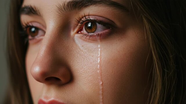 Young woman with tear rolling down her cheek in emotional moment  