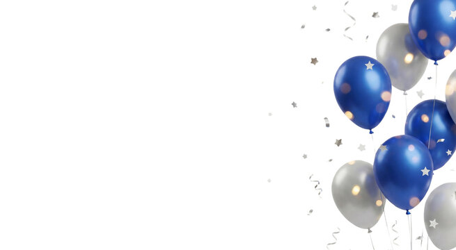 Vibrant blue and silver balloons floating with festive confetti
