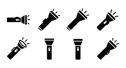 Fototapeta premium Collection of black silhouette flashlights emitting light beams