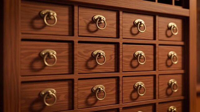 Close-up of Traditional Wooden Chinese Medicine Cabinet Drawers with Brass Ring Pulls