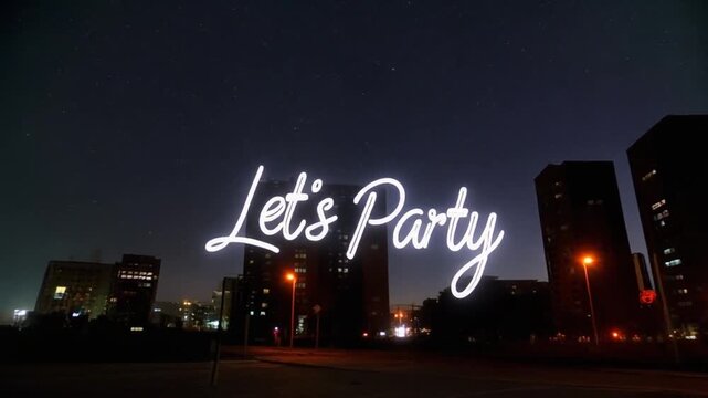 Let's Party neon sign in cityscape at night with dark sky