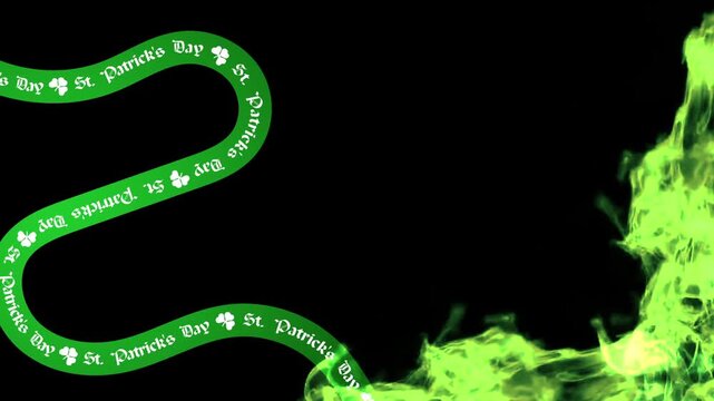 Looping animation with curved shamrock ribbon and green fire on black background for St. Patrick&rsquo;s Day